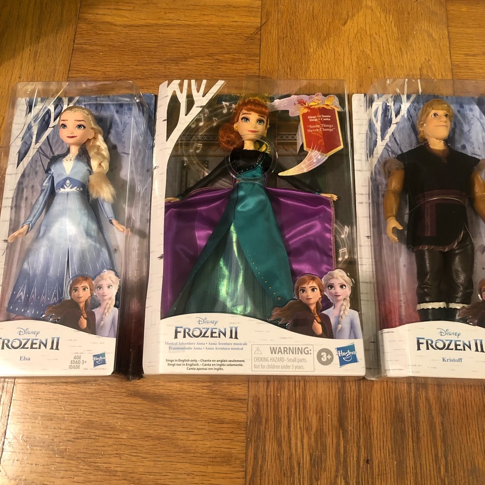 Frozen II main characters: Elsa, Singing Anna, and Kristoff new in box